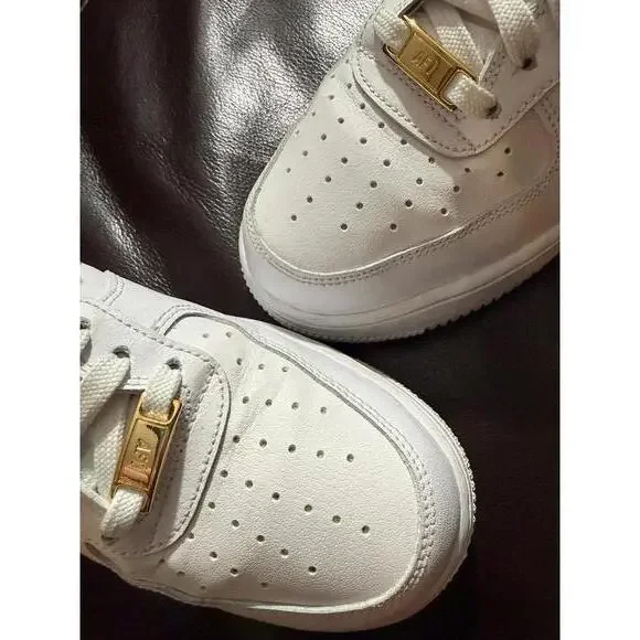 Nike Women’s Air Force 1 Low '07 Essential White Black Gold Mini Swoosh - Picture 5 of 7